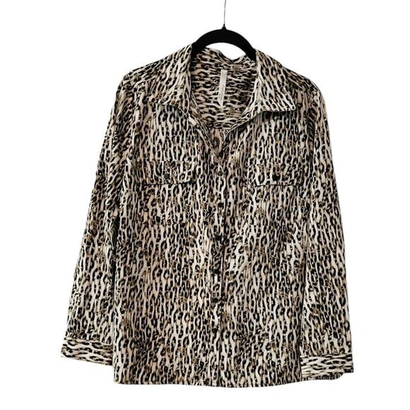 NY Collection Womens P/L Top Shirt Blouse Black Brown Leopard Roll Tab Button - Picture 1 of 6